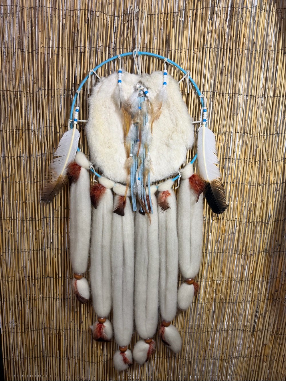 Vintage Large Native American Mandella Dream Catcher, Wool and Rabbit